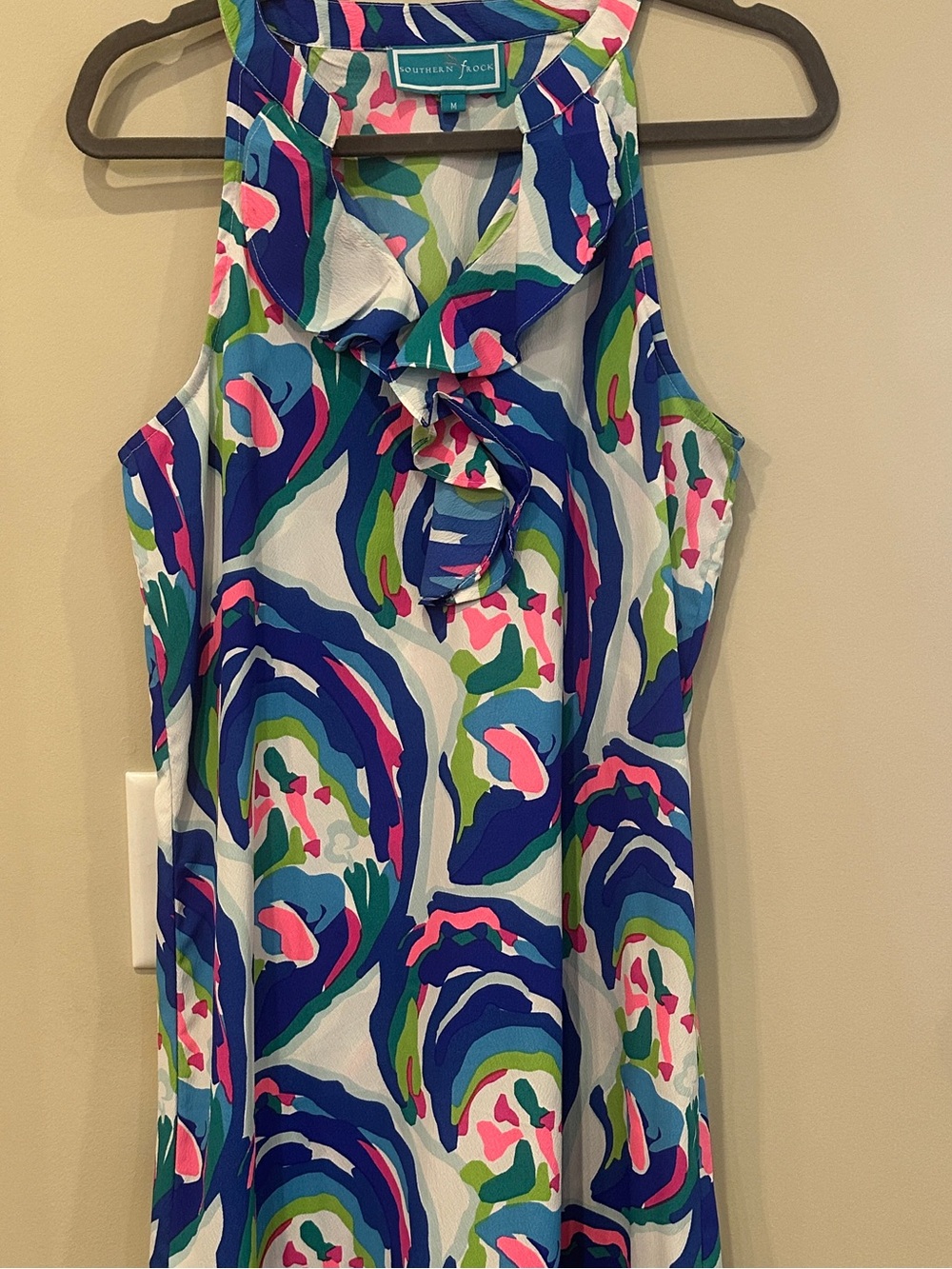 Southern Frock Sleeveless Blue Abstract Print Ruffle Dress